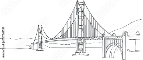 A detailed monochrome outline illustration of a majestic bridge against a scenic landscape.
