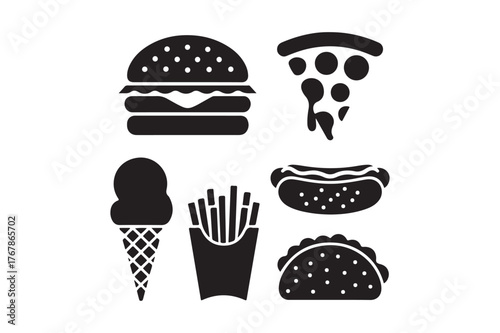 Collection of popular fast food icons in black silhouette