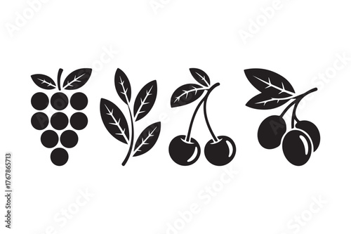 Black and white silhouette illustrations of grapes cherries and olives
