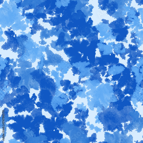 Dirty blue, navy pattern. Gruge texture seamless background. Watercolor endless repeat backdrop. Vector  tye die pattern. Sea, ocean texture. Grainy, noisy halftone effect.