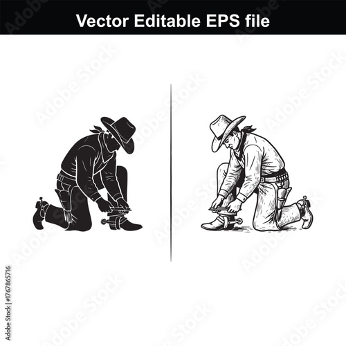 Black and white cowboy tying boot illustration