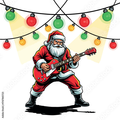 Rock and Roll Santa Claus Playing Electric Guitar with Christmas Lights Vector