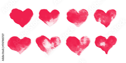 Set of noisy grainy texture hearts. Halftone, blurred, defocused heart. 