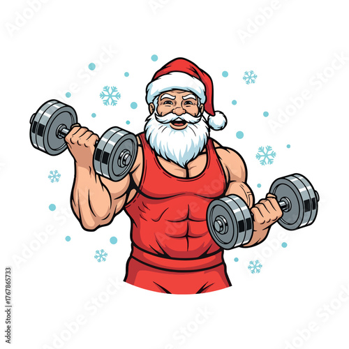 Muscular Bodybuilder Santa Claus Lifting Dumbbells Fitness Vector