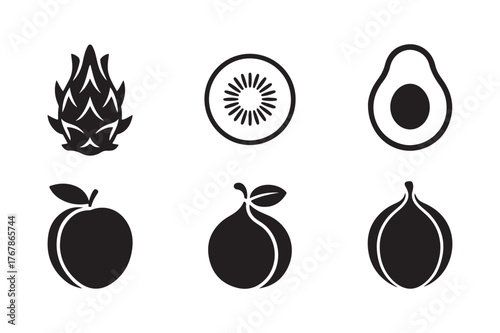 Collection of six stylized black and white fruit icons