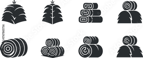 Silhouettes of various types of hay bales and stacks representing agricultural themes.