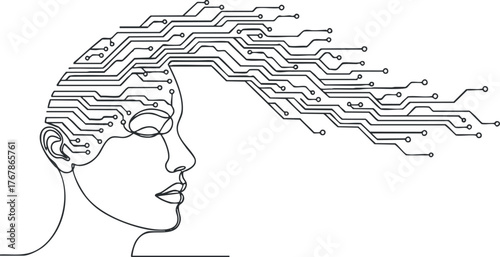 An abstract illustration of a human head with hair represented by circuit lines and digital elements.