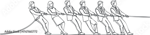 A dynamic illustration of a team pulling together in a tug of war competition.