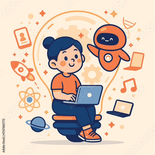 A cute cartoon illustration of a woman sitting on a giant lightbulb with a laptop and a robot, symbolizing innovation in STEM and education
