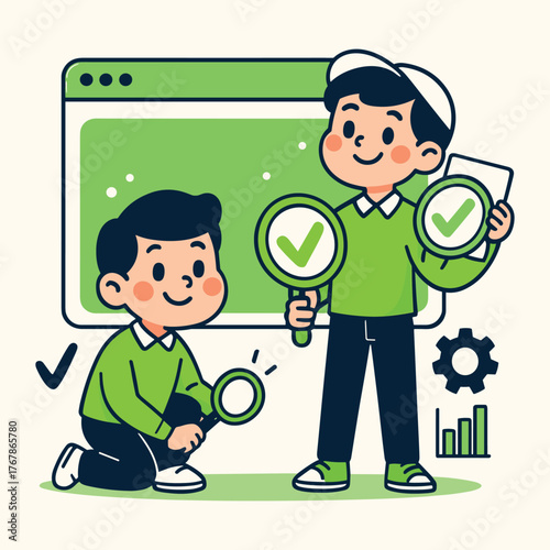 A cute cartoon illustration of two people using magnifying glasses to analyze and verify data on a website interface