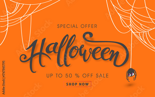 Halloween sale banner template with spooky calligraphy, spiderwebs, and a cute spider for special offers