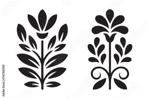 Two stylized black floral silhouettes on white background