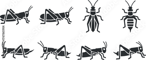 A collection of black silhouettes of various grasshoppers in different poses and styles.
