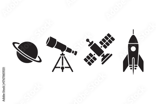 Space exploration icons including a planet telescope satellite and rocket