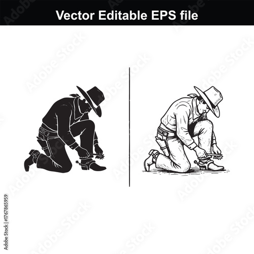 Cowboy kneeling and tying his bootlace