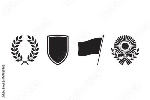 Collection of four black silhouetted symbols on white background