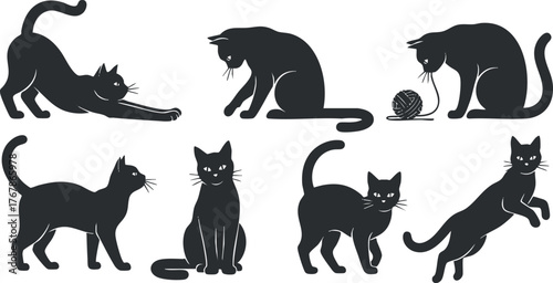 A collection of playful cat silhouettes showcasing various playful activities and poses.