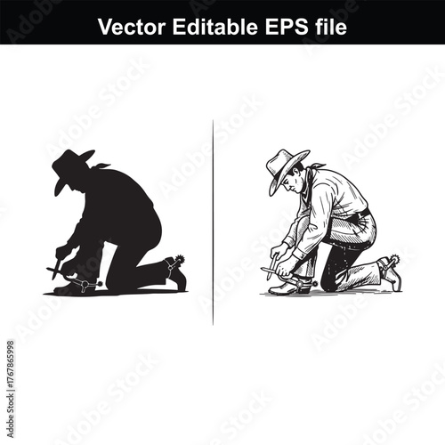 Cowboy kneeling and tying his bootlace