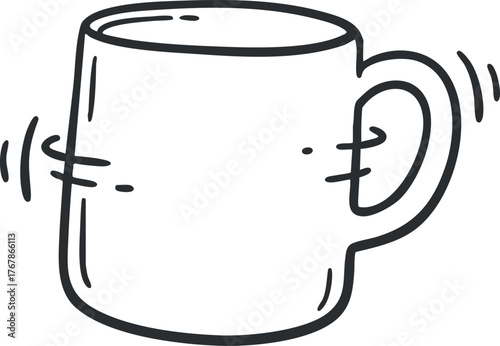 A simple hand-drawn illustration of a coffee mug shaking with a playful design.