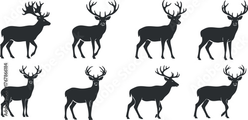Stylized black silhouette deer with antlers suitable for nature and wildlife designs.
