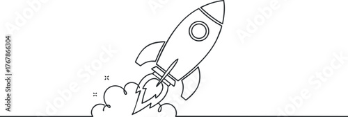 A simple black and white illustration of a rocket launching into space with a trail of smoke.