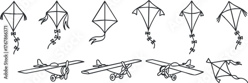 Collection of simple line art illustrations featuring various kites and airplanes for playful designs.