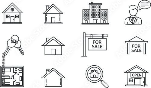 A collection of line icons representing real estate concepts such as houses, keys, and for sale signs.