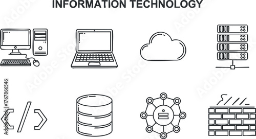 Icons representing various aspects of information technology including computers, cloud services, and databases.