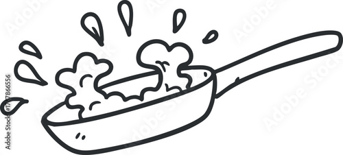 A cartoonish illustration of a frying pan with steam and food splashing out.