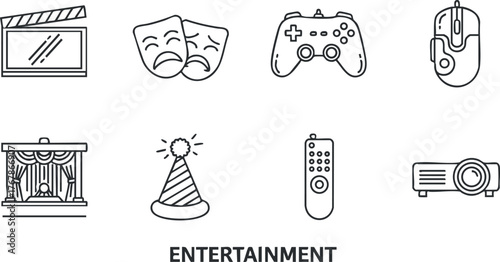 Various entertainment icons including theater masks, game controller, projector, and celebration hat.