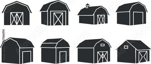 A collection of eight simple barn illustrations showcasing different styles and designs.