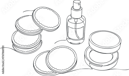 Illustration of cookies and skincare products including a spray and compact container.