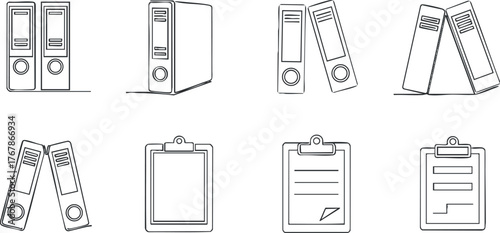 Illustration of various office supplies including binders folders and clipboards for organization.