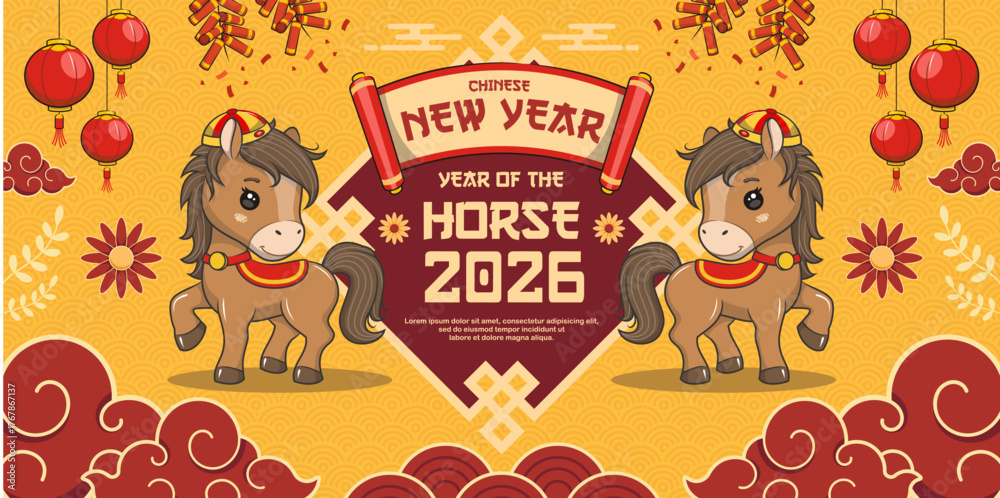 Fototapeta premium Chinese New Year 2026 With Cute Horse, Year Of The Horse, Greeting Card Or Banner Design, Vector Cartoon Illustration