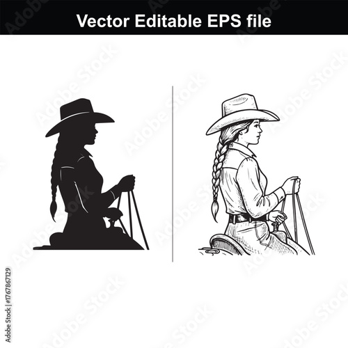 Silhouette and detailed drawing of a cowgirl on horseback