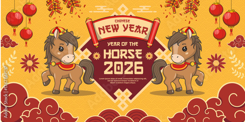 Chinese New Year 2026 With Cute Horse, Year Of The Horse, Greeting Card Or Banner Design, Vector Cartoon Illustration