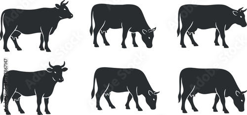 A collection of black silhouettes of cows depicting various postures and positions in a farm setting.