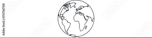 An outlined illustration of the Earth showing continents and oceans in a minimalist style.