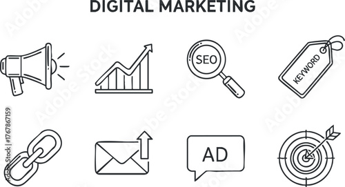Illustration of digital marketing concepts including SEO, keywords, advertising, and analytics.