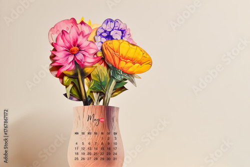 May calendar printed on vase with spring flowers