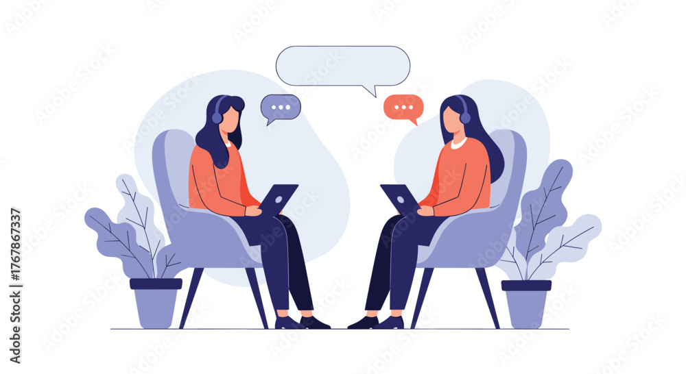Fototapeta premium Two women wearing headphones and using laptops engage in an online virtual meeting or communication.