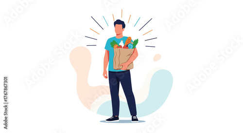 Young man happily holding a bag filled with fresh groceries and produce.