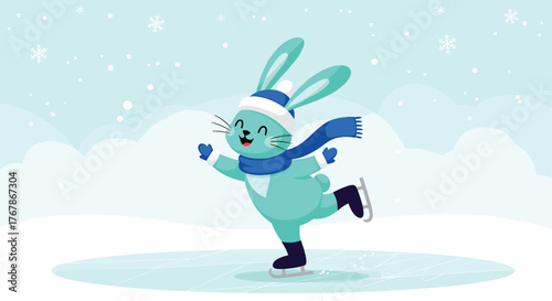 A cheerful turquoise bunny enjoying ice skating in a snowy winter scene.