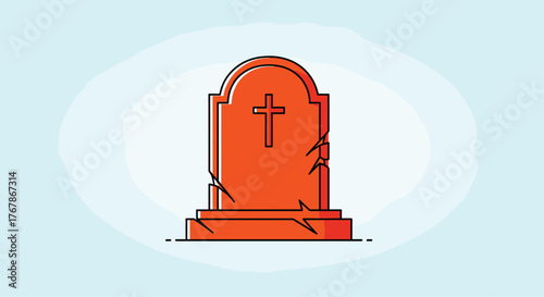A cracked tombstone with a cross is illustrated with orange lines and flat style on a light blue and white background.