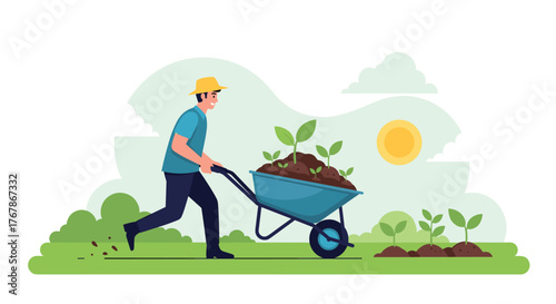 A cheerful farmer pushes a wheelbarrow filled with soil and small plants in a lush garden, bathed in sunlight under a gentle sky.