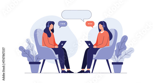 Two women wearing headphones and using laptops engage in an online virtual meeting or communication.