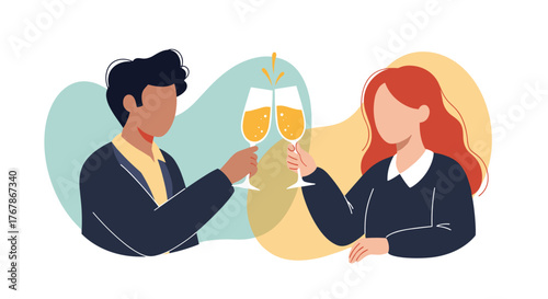 Illustration of a celebratory toast between two people with champagne flutes.