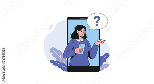 Online customer service representative offering assistance with a question mark bubble and a smartphone.