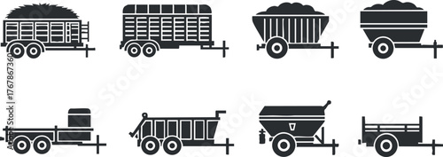 Collection of various agricultural and utility trailers depicted in silhouette for transport and farming.