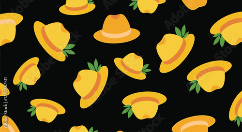 Yellow sun hats with green leaves scattered across a black background, creating a whimsical pattern.